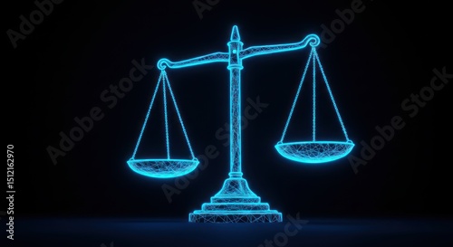 Blue scales of justice symbol on a dark background representing law.
