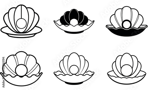 Elegant Black and White Oyster Shell Illustrations with Pearl