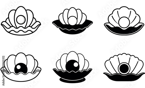 Elegant Black and White Oyster Shell Illustrations with Pearl