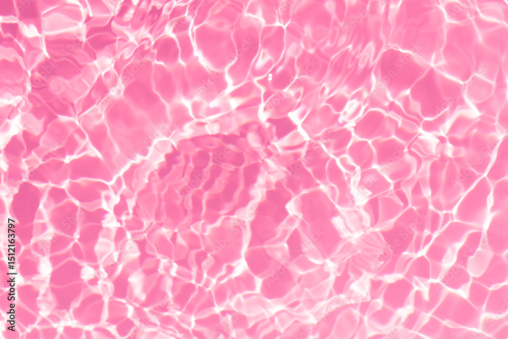 Fototapeta premium Pink water bubbles on the surface ripples. Defocus blurred transparent pink colored clear calm water surface texture with splash and bubbles. Water waves with shining pattern texture background
