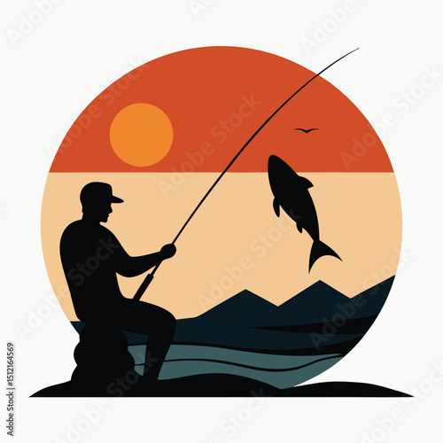 fisherman catching a big fish at lake during sunset