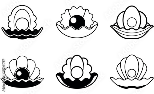Elegant Black and White Oyster Shell Illustrations with Pearl
