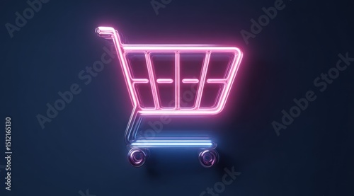 Neon shopping cart icon glows pink and blue against a dark background.