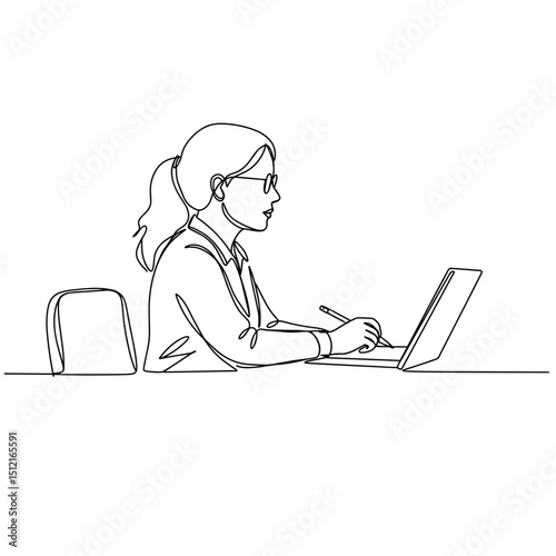 Young woman writing on laptop while sitting at a desk in profile  