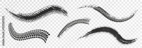 Traces of car, motorcycle tread. Curved realistic traces of tires of wheels from different types of tread vector png. Car wheels on disks.	
