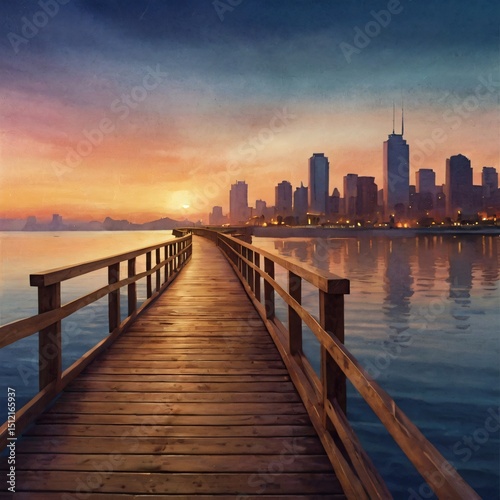 Whispers of Twilight: Digital Watercolor Journey on a Wooden Path