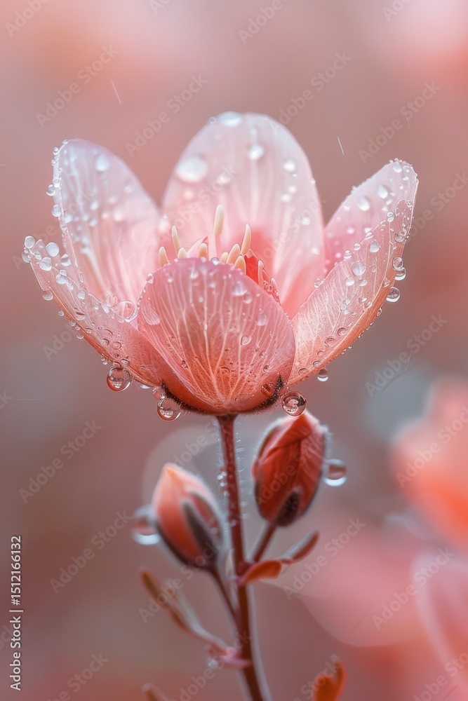 Fototapeta premium macro shot of dew drop on desert flower, plain sandy background, hyper-realistic style, soft morning light, vibrant pink and beige tones, centered subject with minimal negative space
