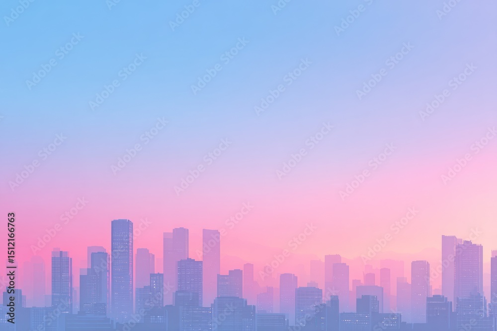 Fototapeta premium City skyline silhouette against a gradient sky in shades of blue and pink.