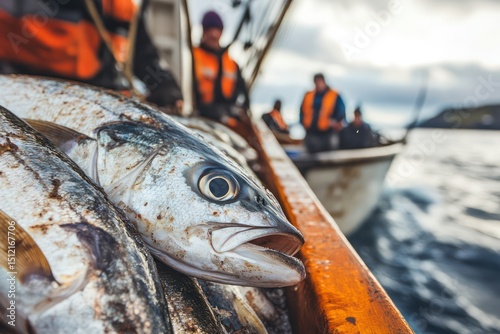 Freshly caught fish on boat, fishermen in background