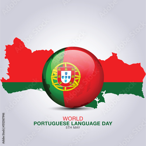 World Portuguese Language Day. 5th May Portuguese Language Celebration Day social media cover with earth globe, Books in red, green color, Portuguese Flags and Map.