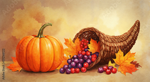 Watercolor painting of pumpkin and overflowing cornucopia with fall leaves and berries
