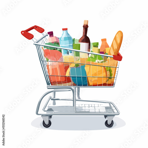 Full Shopping Cart of Groceries Vector Illustration