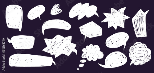 Cute crayon speech bubble set in doodle style. Hand drawn chalk balloons for dialog, talk, and chat. Funky sketch frames, colorful pencil clouds, and geometric shapes. Vector illustration