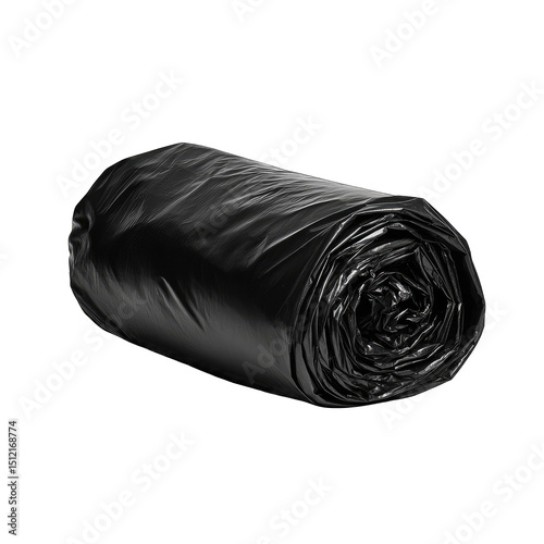 Rolled-up black plastic sheet, likely a protective cover or trash bag