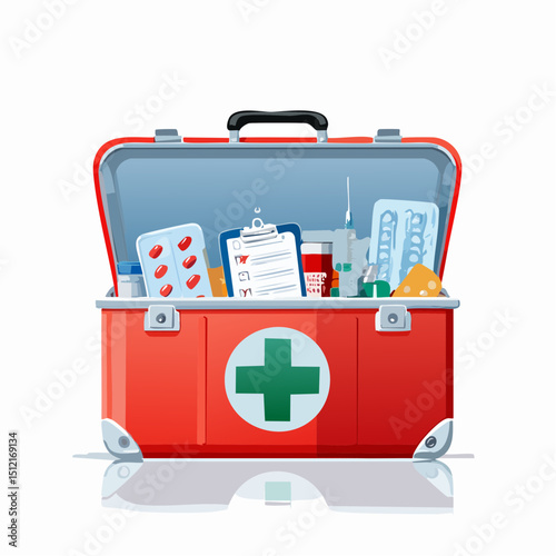 Vector Illustration Open First Aid Kit with Medical Supplies