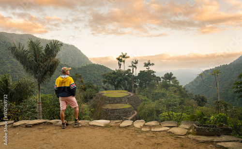 traveler hiking in the lost city ciudad perdida Tayrona mountains in sierra nevada of santa marta in colombia amazing landscape sunset 