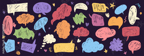 Set of empty colorful hand-drawn crayon speech bubbles, featuring grunge style charcoal clouds and chalky, doodle style balloon boxes. Vector collection in a playful, childlike scribble style