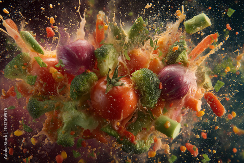 Wallpaper Mural A colorful explosion of vegetables including broccoli, tomatoes, and onions. Concept of chaos and excitement, as if the vegetables are bursting out of a container or exploding from a dish Torontodigital.ca