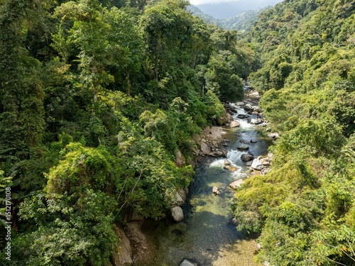 Buritaca river in colombian jungle of sierra nevada de santa marta aerial view panorama