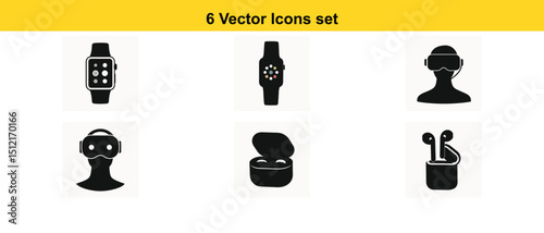 Vector Icons Set Smartwatch, VR Headset, Earbuds, and Charging Case
