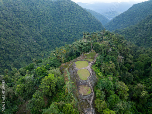 view of lost city teyuna tayrona in santa marta colombia aerial panoramic view of the mountain