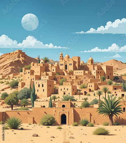 Flat vector of Algeria featuring ancient desert architecture and kasbahs.