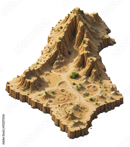 Stylized isometric terrain map of Algeria with cliffs and oases.