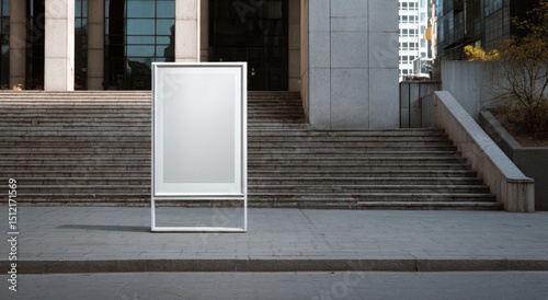 Blank advertising stand on sidewalk near building with stairs in urban setting.