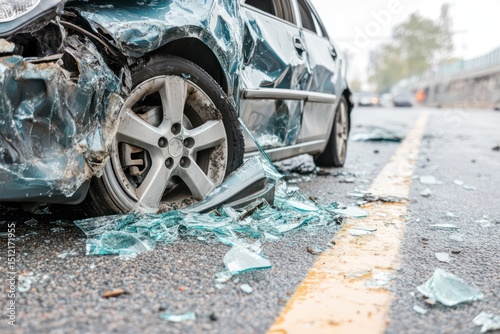 Severely damaged car after collision with scattered debris photo