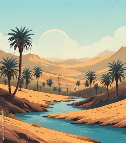 Algeria desert oasis vector with layered palm groves and water shapes.
