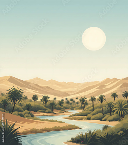 Algeria desert oasis vector with layered palm groves and water shapes.