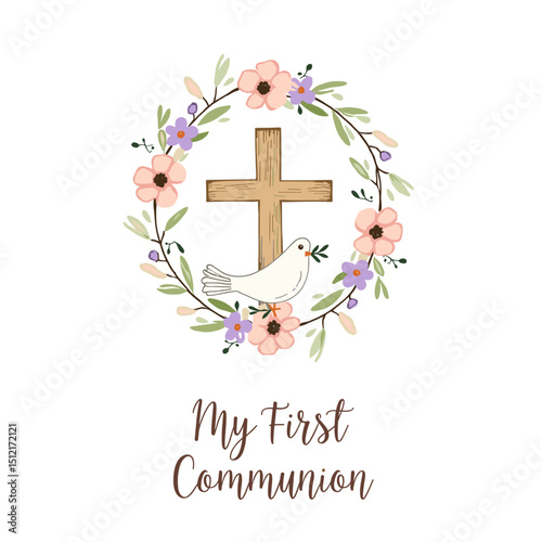 Elegant first communion design with wooden cross, dove and floral wreath. Perfect for invitations, religious cards, and church programs