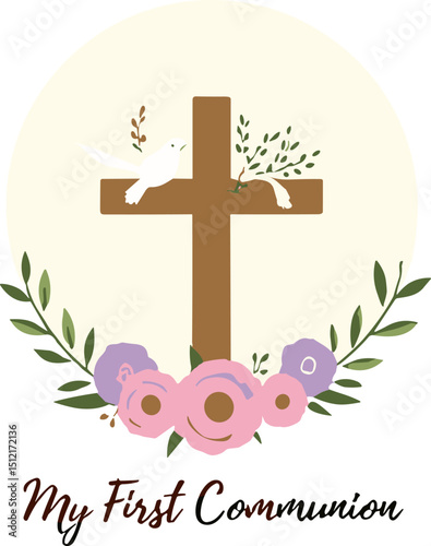 Minimalist communion design with floral decoration, large wooden cross, and dove, emphasizing a meaningful spiritual moment