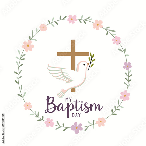 Elegant baptism day design with a wooden cross, dove carrying an olive branch, and floral wreath in pastel tones. Ideal for invitations or religious celebrations.