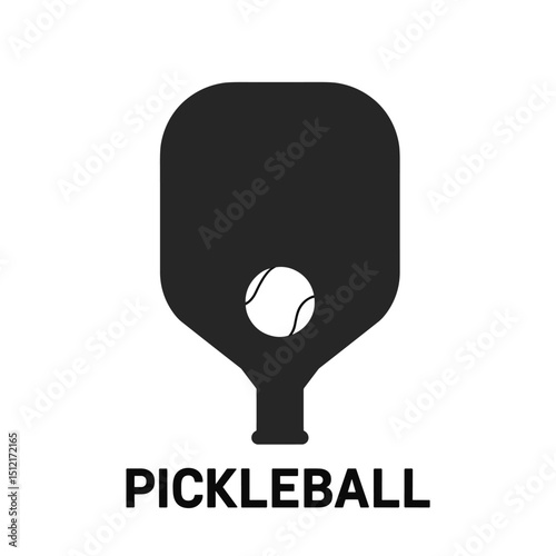 Minimal black pickleball paddle and ball icon on white background. Simple silhouette design ideal for logos, sports graphics, and print media