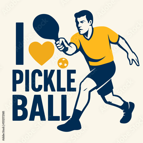 Bold pickleball design featuring a male player hitting the ball with paddle and “I love Pickleball” text. Great for posters, apparel and sports promotions
