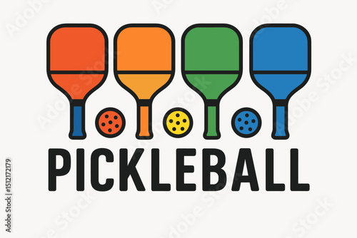 Bright and colorful pickleball paddles and balls in a clean flat style on light background. Perfect for modern sports designs and playful illustrations