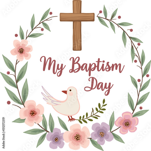 Beautiful floral baptism design with a cross, pink flowers, and a dove, symbolizing peace and faith. Perfect for invitations or religious events