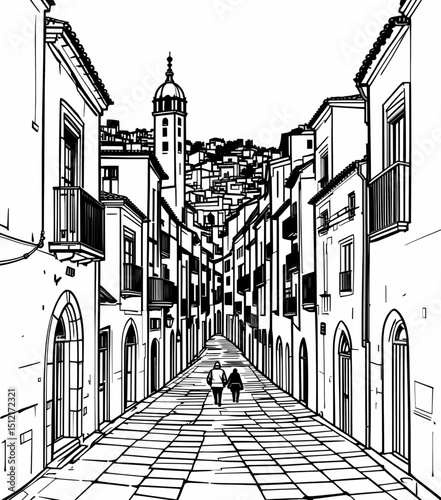 Line-art vector of historical Algerian medinas and narrow alleys.