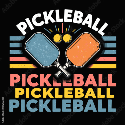 Colorful vintage pickleball illustration with two black paddles, yellow balls, and retro stripes on black background. Perfect for t-shirt design or pickleball fan graphics