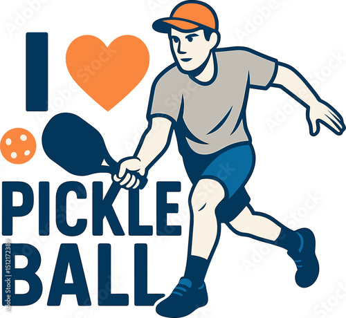 Flat style illustration of a sporty man playing pickleball with "I love pickleball" text and paddle icon