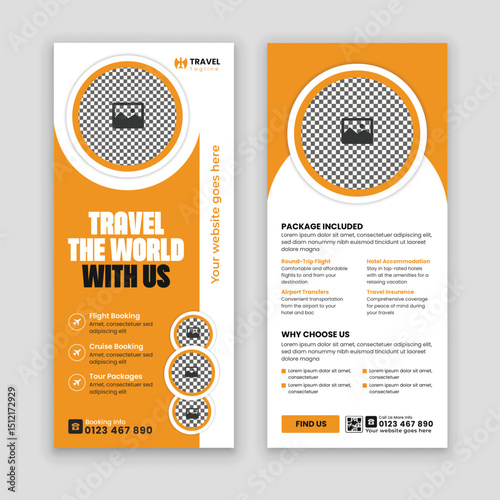 Travel Agency Double-sided Rack Card and DL Flyer Template. Perfect for promoting your travel services and tours. Clean, stylish design with space for your unique offerings