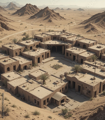 Vector of flat-roofed desert buildings grouped around courtyards.
