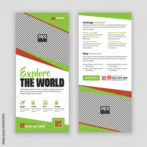 Double-sided Travel Agency Rack Card and DL Flyer Design Template. A sleek, professional design to highlight your services, tours, and travel packages. Customizable and eye-catching
