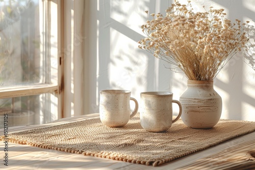 flat lay of Scandinavian kitchen decor with ceramic mugs, textured wooden surface, minimalist style, bright natural light, neutral beige and white tones, top-down view 