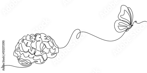 Butterfly emerging from a brain in one line drawing. Personal transformation in psychology, Butterfly emerging from a brain in continuous one line drawing. Transformation and mental growth. Editable.