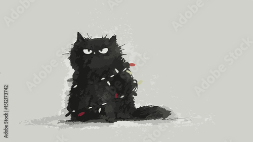 Playful black cat tangled in colorful lights on a light background  