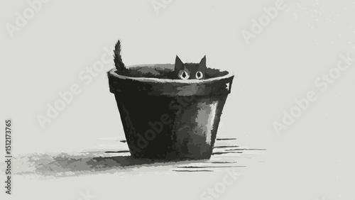 Cat peeking out from a black flower pot in a minimalist style  