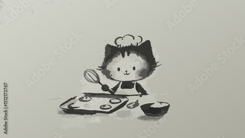 Cute cat character baking cookies in a kitchen setting  
