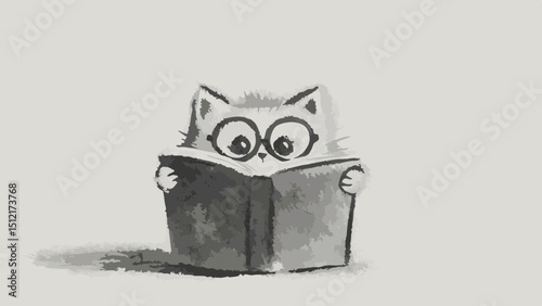 Cartoon cat reading a book with large glasses in grayscale style  